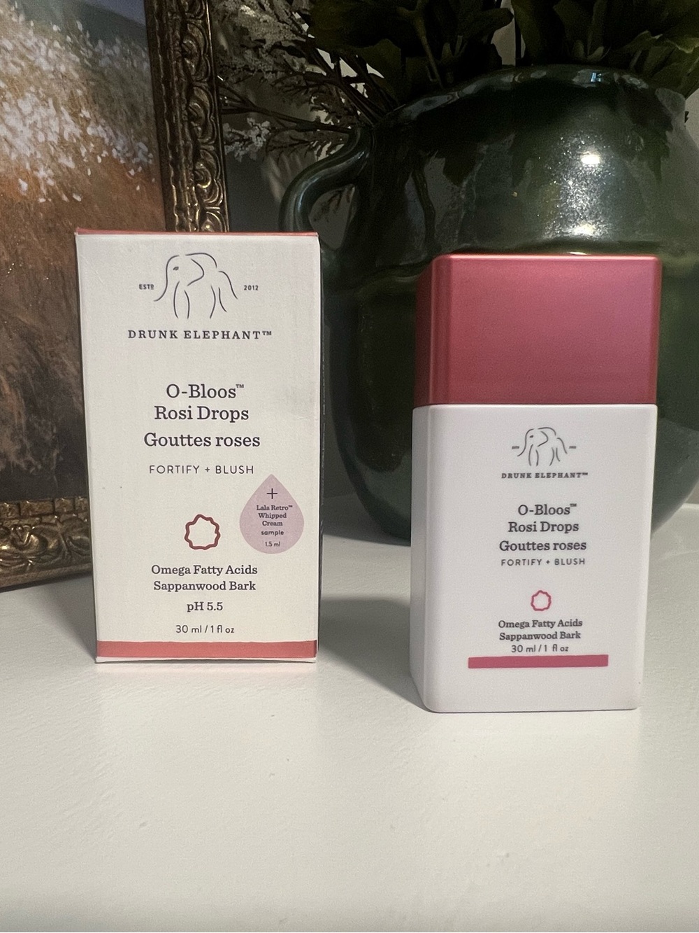 Drunk Elephant O-Bloos Rosi Drops Serum — Pink and White Bottle